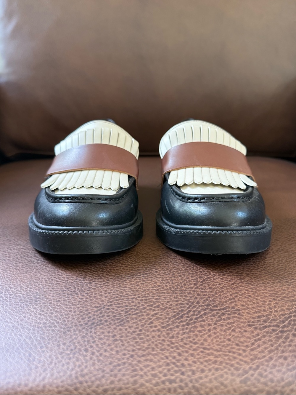 Marc Fisher Women's Black, Cream & Brown Kiltie Fringe Loafers - Picture 2 of 8